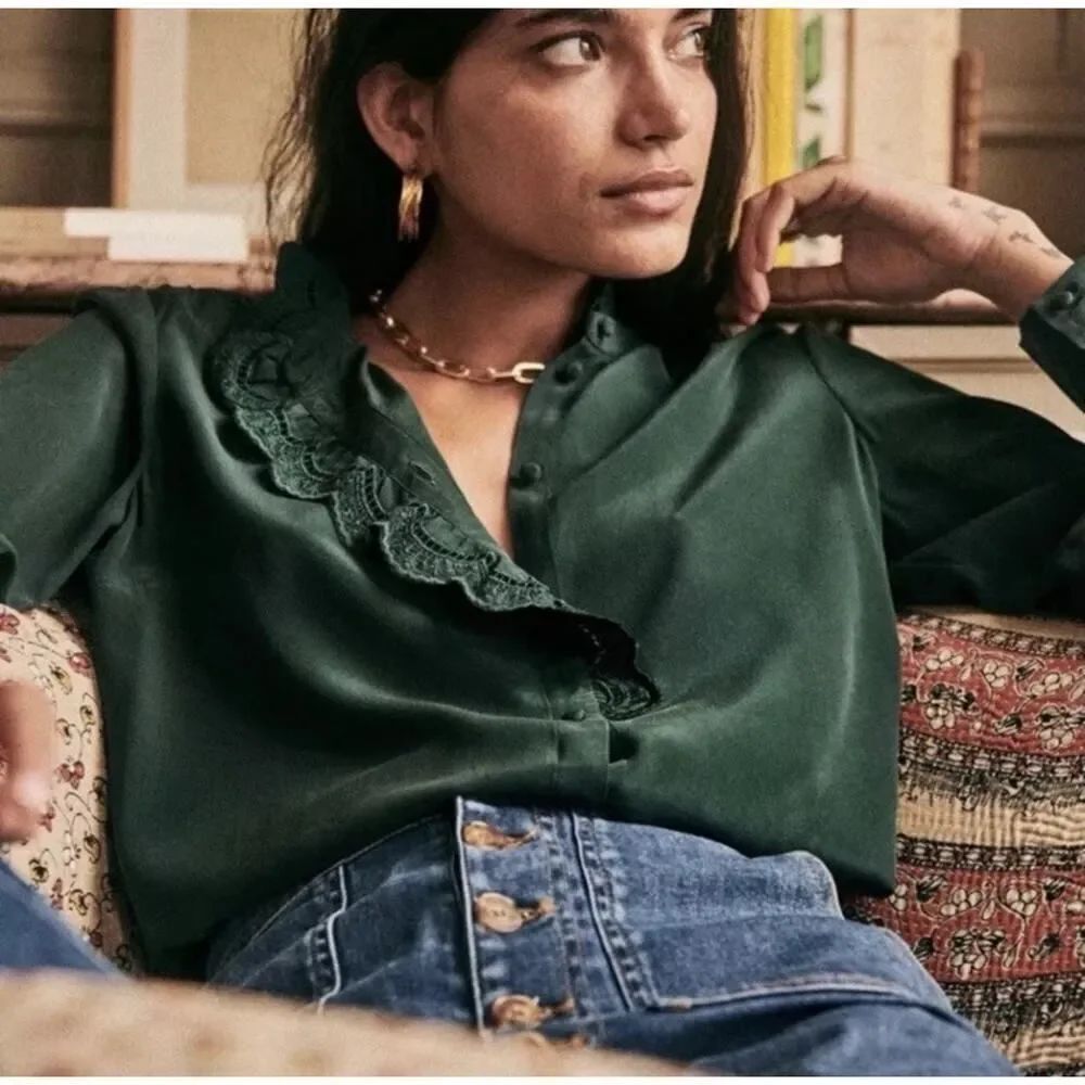 Sezane Silk Blouse US 2 Bottle Green Chloe Shirt 34 Ruffle Trim